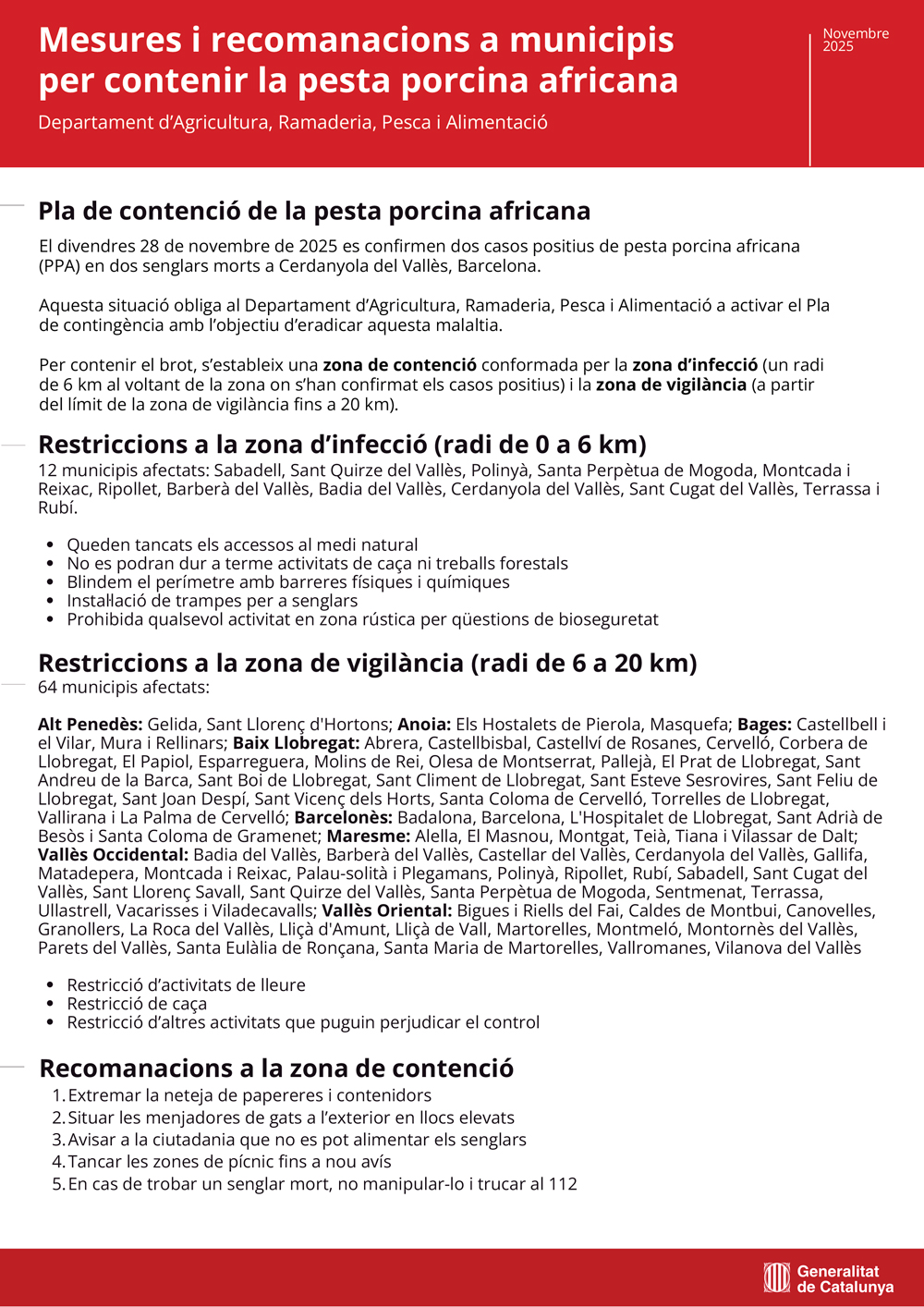 Comunicat del Departament d’Agricultura, Ramaderia, Pesca i Alimentació a
